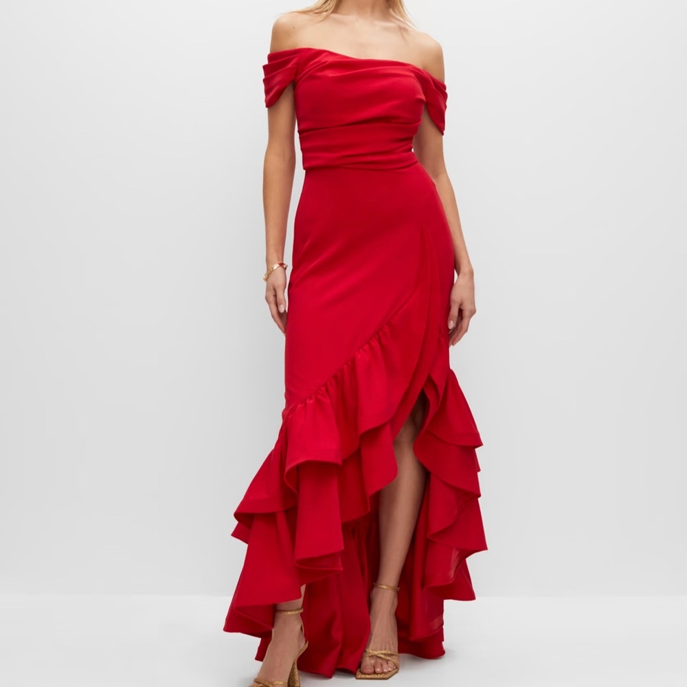 Chic Scarlet Off-Shoulder High Low Dress